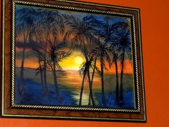 Lake Landscape Sunset Reflections Sea shore Palm Trees by Water Oil Painting