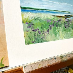 8×10 Maine Original Oil Painting Seascape Lupines Coastal New England Art Signed