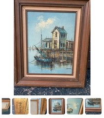 Vintage Original Oil on Board Painting Impressionist Seascape Boat Harbor Summer