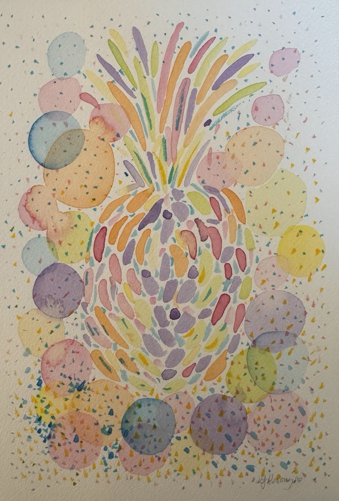 Pastel Rainbow pineapple modern folk outsider original painting art watercolor