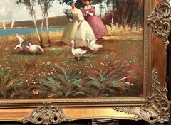 Joan Giralt Lerin (Spain/USA), VTG Mid-20th C O/C „Ladies On Promenade“, Signed!