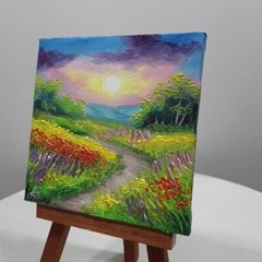 Original Oil Painting Sunrise Meadow Path Flowers Landscape Wall Art Decor Gift