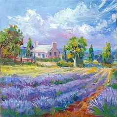 Purple Lavender Field Original Oil Painting France Landscape Artwork