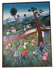 40″ Oil Painting Canvas Jacques Desince Haiti Artist Village Scene Folk Art