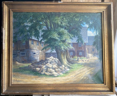 Oil Painting Farm South Thuringia Monogram F. 1939 Chicken Yard Frame Antique