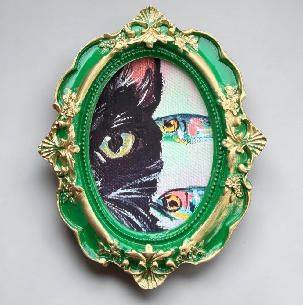 “Cat 🐈‍⬛ Snacks” custom mini framed animal print in vintage style ornate frame