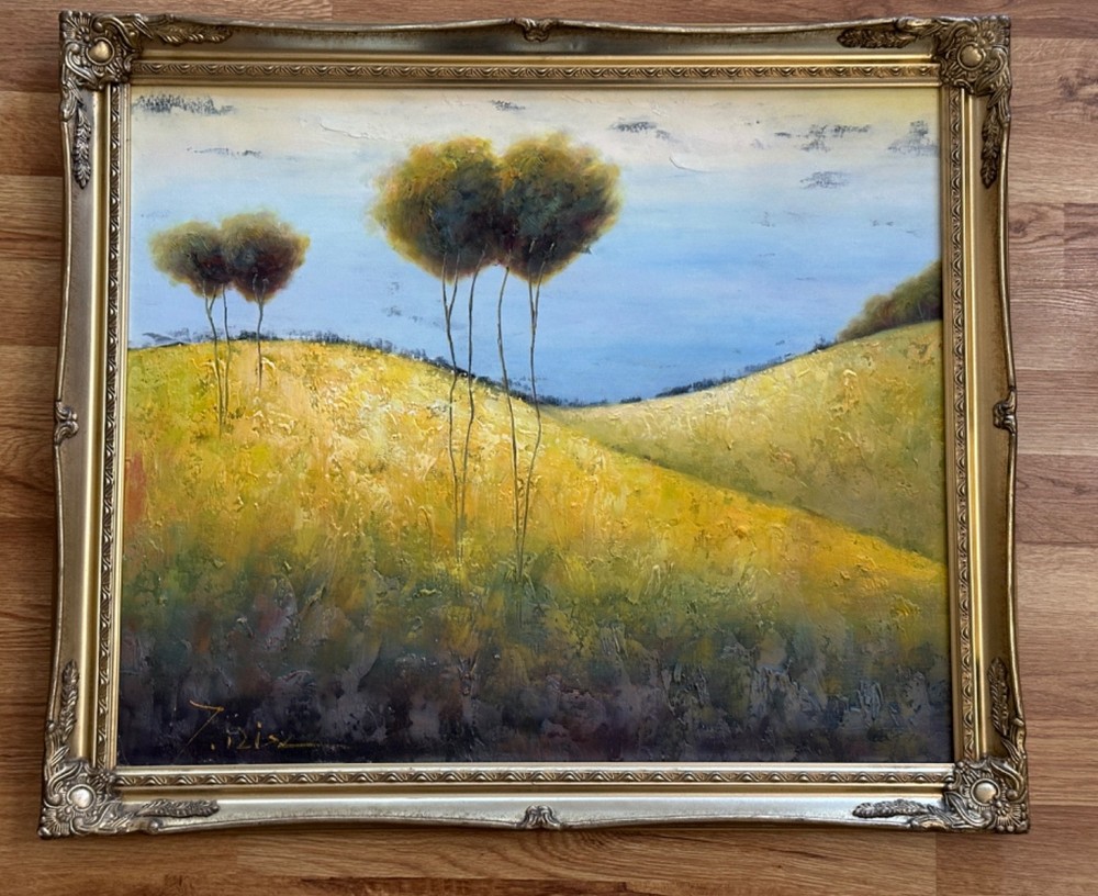 YELLOW FIELD WITH TREES OIL ON CANVAS FRAMED 23″ X 27″