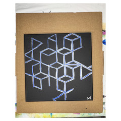 Geometric Line Abstraction 12×12 Silver, Black, & Blue Hand Painted Canvas