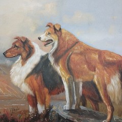 Oil Painting 2 Collies „Lassie“ on Rock in large luxury frame 25.75X21.75
