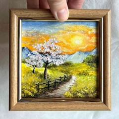 Summer Original Oil Painting Mountain Landscape Sunset Field Wall Art 4 x 4 in