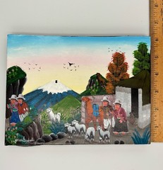 Gustavo Quindigalle Tigua Ecuador Folk Art Painting Sheepskin – Andean Village