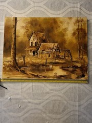 Rustic cabin in the woods very thick paint beautifully done signed Will