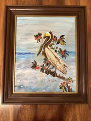Pelican Painting In Antique Frame Original Art Work Signed By Artist, Beach