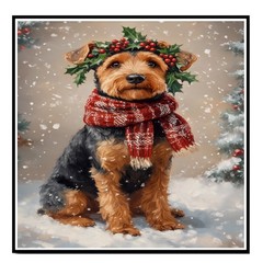 Christmas Airedale Terrier Dog Canvas Wall Art with Holly Wreath and Red Scarf