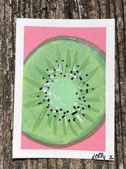 ACEO Original Art Card, kiwi, acrylic paint markers, 3.5×2.5, Jelly Blob Art
