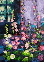 acrylic painting on panel original hand made art with pink hollyhocks and window