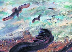 FLOATING FEAST Arthur Robins Original Oil NYC Cityscape Tugboat Birds Bridges