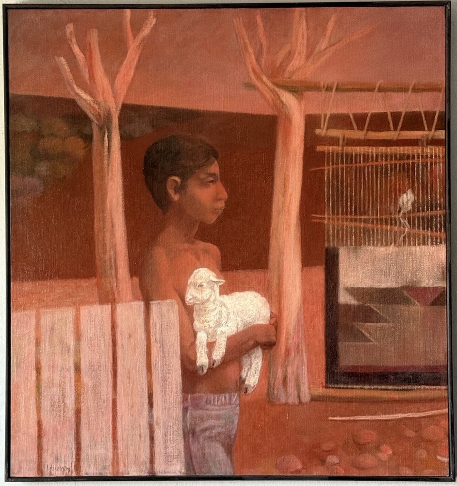 RICHARD HAINES VINTAGE MODERN NAVAJO BOY SOUTHWEST LANDSCAPE OIL PAINTING 1972