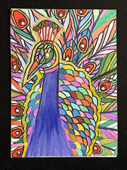 ACEO Original, Abstract Peacock Line Patterns, Mini Art Painting, by Annibbie