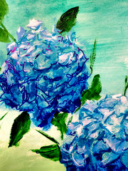 LOVELESS – „BLUE HYDRANGEAS“ 11 X 15 acrylic on gallery paper