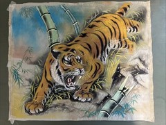 Original Hand painted Silk Tiger Painting VTG Asian Bamboo Artwork 14.5”x18”