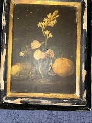VTG Still Life Oil Painting Moody Chiaroscuro Floral & Fruit Ornate Patina Frame