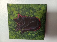 Original Black Cat Acrylic Painting Canvas 4in X 4in Signed By S.p.paintings