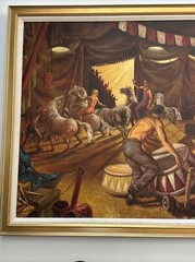 VINTAGE CIRCUS PAINTING WORKERS PERFORMERS 30 INCHES LISTED AMERICAN WPA STYLE