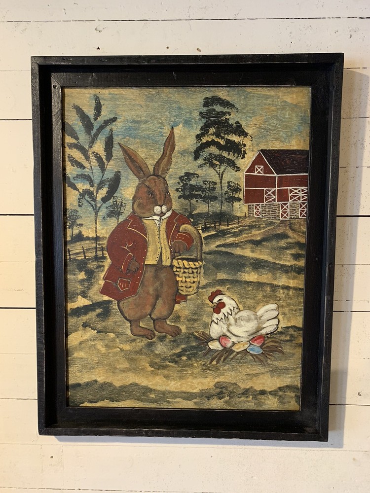 Kathy Graybill-Folk Art Painter-ORIGINAL Artwork-Rabbit & Hen 21×27