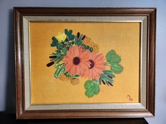 Floral Painting Textured Art On Canvas Framed Signed Orange Retro Boho Impasto