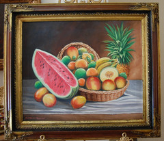 VTG FRAMED SIGNED ORIGINAL OIL TROPICAL FRUITS WITH BASKET ARTIST: ALFREDO REYES