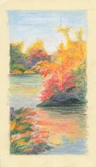 Fall Foliage By Pond Impressionist Pencil Sketch 8.5 x5 inches