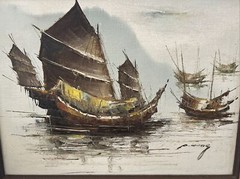 VINTAGE ORIGINAL OIL PAINTING ASIAN ARTIST P. WONG SEASIDE FISHING BOATS
