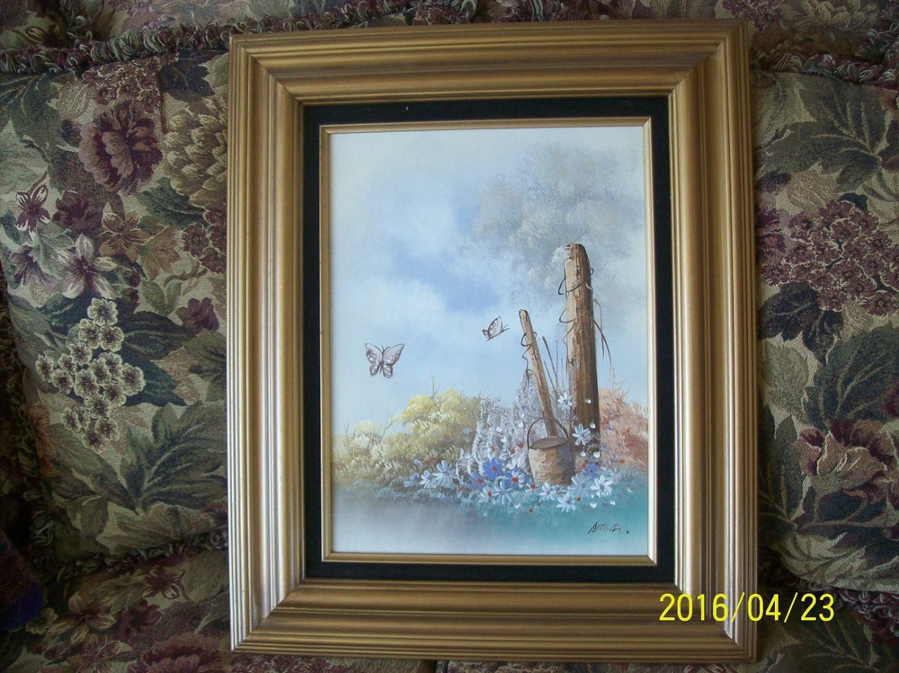 Butterflies In A Field Of Wild Flowers Painting Oil On Canvas Signed Framed