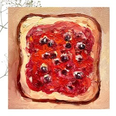 Sandwich with Berry Jam Original Oil Painting Food Bread 4x4inches Signed