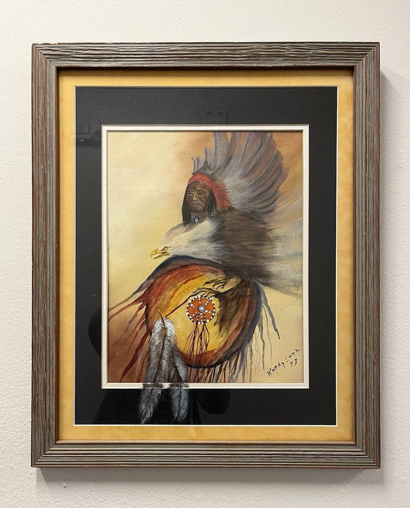 Vintage 1979 SIGNED K Loud Native American Warrior with Eagle FRAMED yellow gray