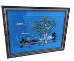 Landscape Tree Lake Cabin Handmade Needlepoint Embroidery Textile Art Framed