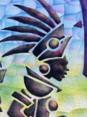 cotton painting signed EST A ’92‘ Maya N drummers Figure sin jungle , framed