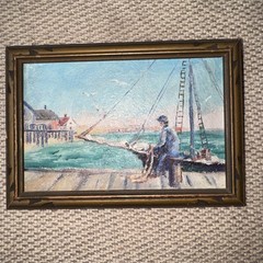 Antique Oil on Board Painting – New England Maritime Shore Fisherman on Dock
