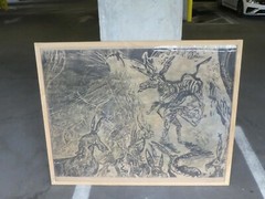 HUGE MID CENTURY WOODBLOCK OF DONKEYS OR HORSES WITH HARLEQUIN UNSIGNED