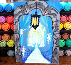 ACEO Original Art Painting Mystical Stone Portal Fairy Lantern Gate 3.5 x 2.5