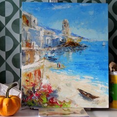 Mykonos Seascape 10×12″ Oil Painting Greece | Mediterranean Coastal Wall Decor
