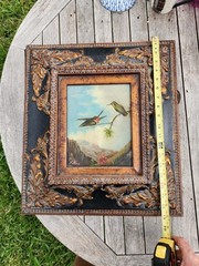 Original Signed K Mills Oil On Canvas Ruby Throated Hummingbirds Shadowbox Frame