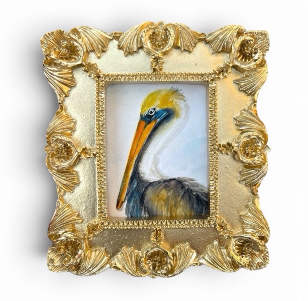 American Pelican watercolor print in mini gold vintage style ornate frame