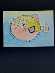 ACEO Original Art Card ATC Watercolor OOAK Signed Blowfish Fish Painting By GAT