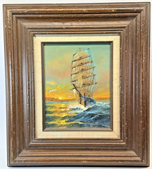 Original Preston Willis Seascape Oil Painting Ship & Seagulls 16 x 18 w/COA