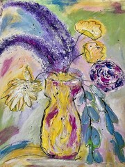 Original Abstract Floral Still Life Painting on Canvas – Yellow and pinky Vase