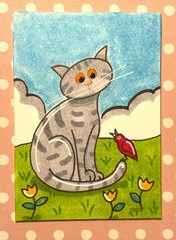 Original OOAK ACEO ART Grey Cat Kitten with Friend N Woolmer ❤️