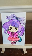 ACEO original print artwork 2.5 x 3.5 card watercolor anime kawaii girl with bow