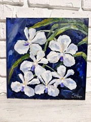 Orchids Tropical Flowers Blooming Oil Painting Floral Art Canvas Signed 12×12 in
